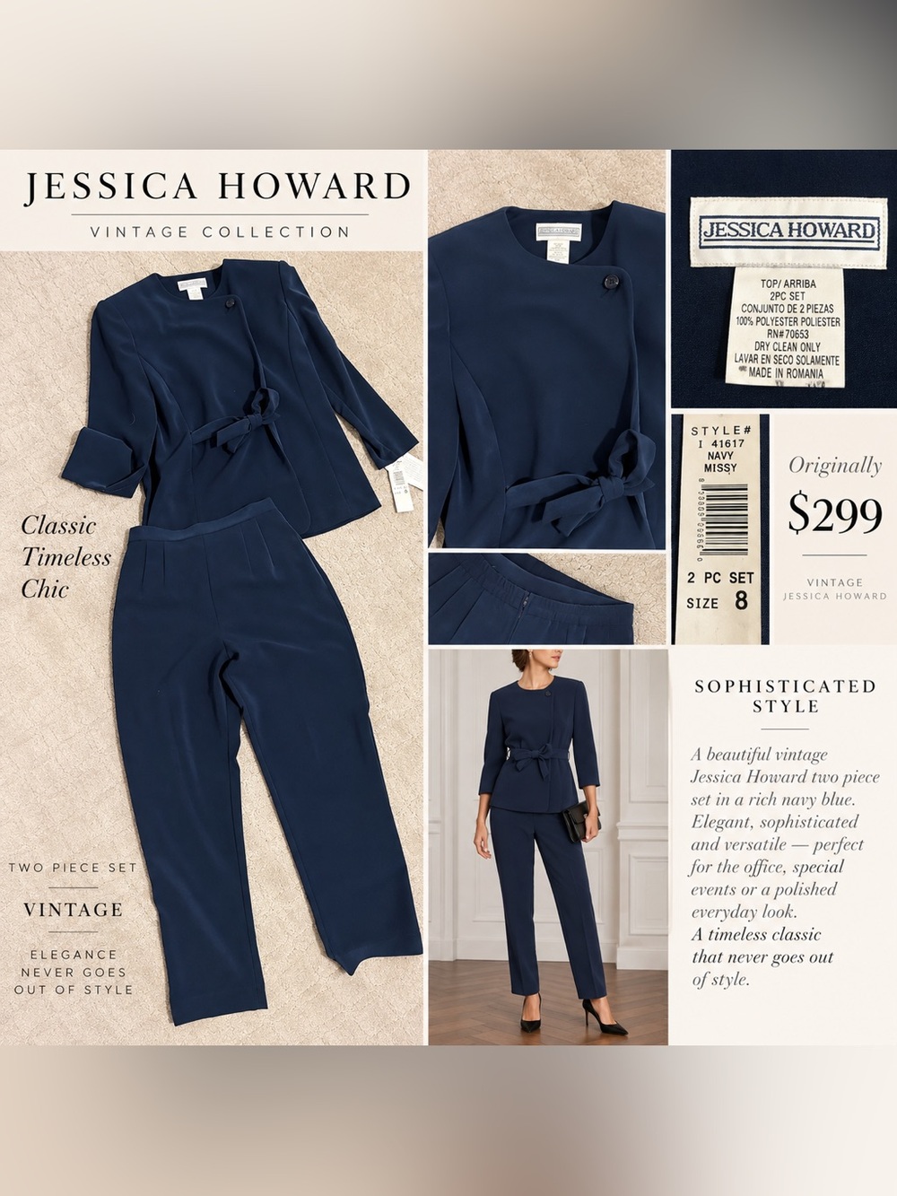 Jessica Howard Navy Two-Piece Women’s Pant Set with Tie Waist Jacket